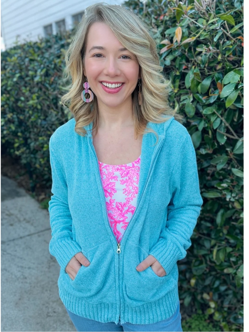 Lulu B Heathered Clear Turquoise Hooded Chenille Zip Jacket Women’s Size Large